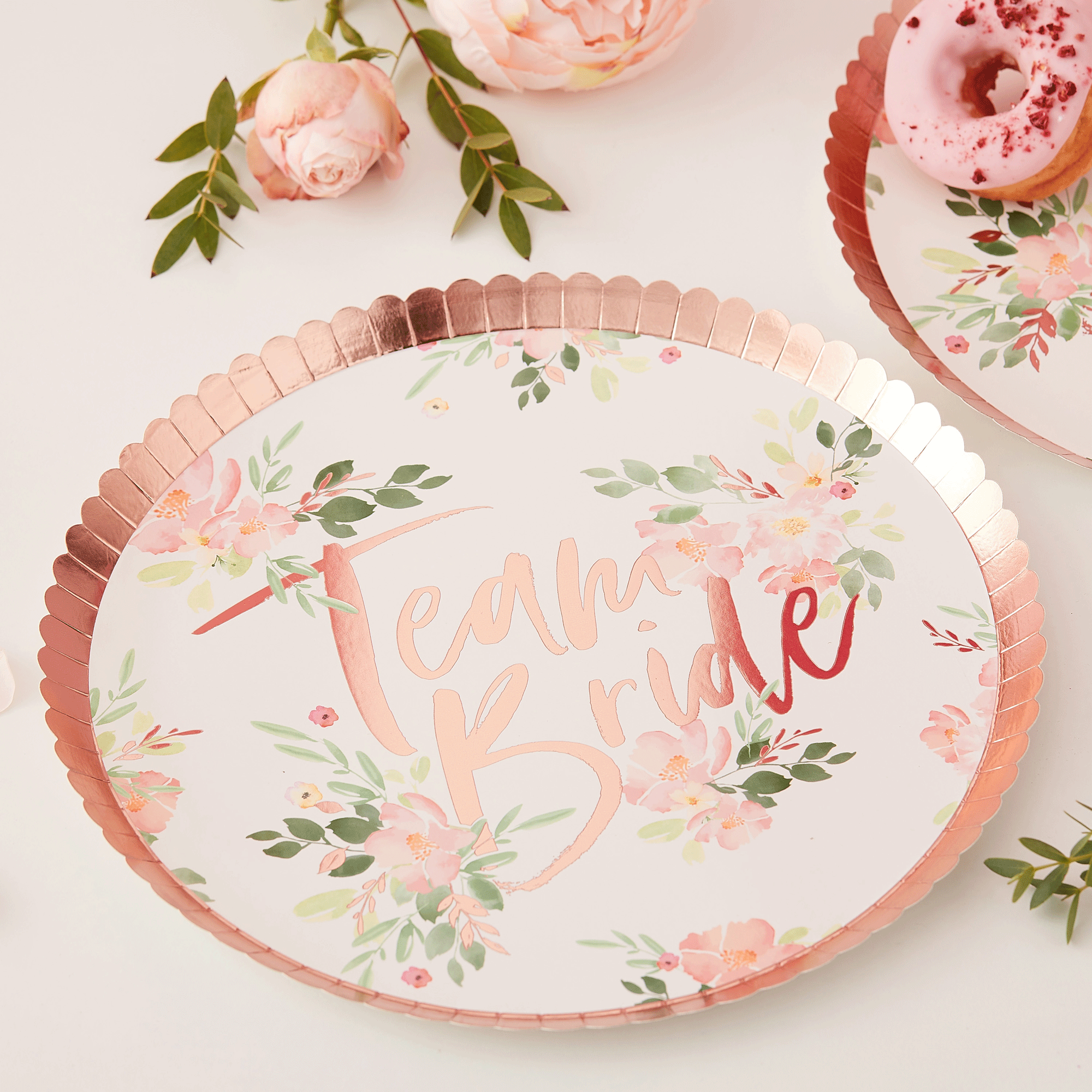 Team Bride Hen Party Plates Floral Rose Gold